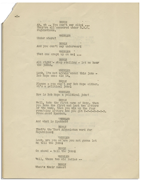 Moe Howard's 9pp. Script of the ''Bert Wheeler Act'' From the Texaco Star Theater Starring Milton Berle, From 1948 -- 8.5'' x 11'' -- Very Good